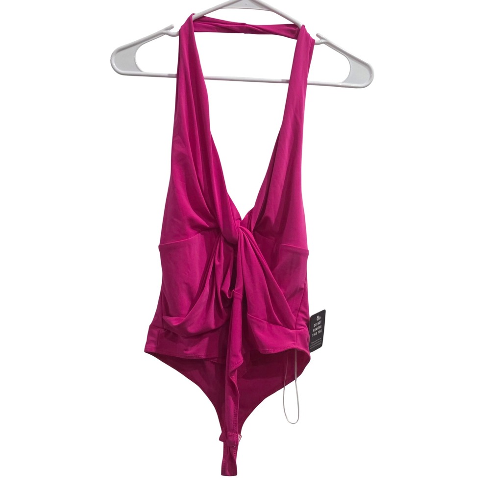 Express Womens Hot Pink Halter Deep V-Neck Knot Front Bodysuit Small NEW